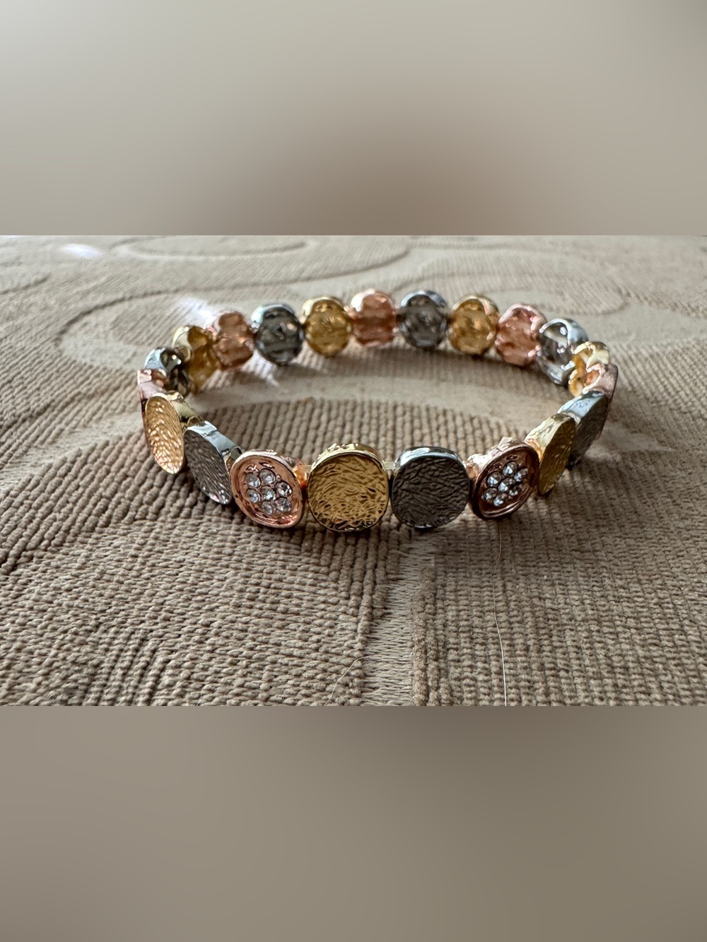 Tri-Tone Coin Stretch Bracelet with Crystal Accents